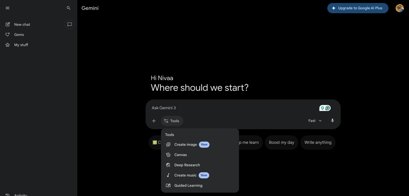 Google Gemini interface showing real-time search and workspace integration